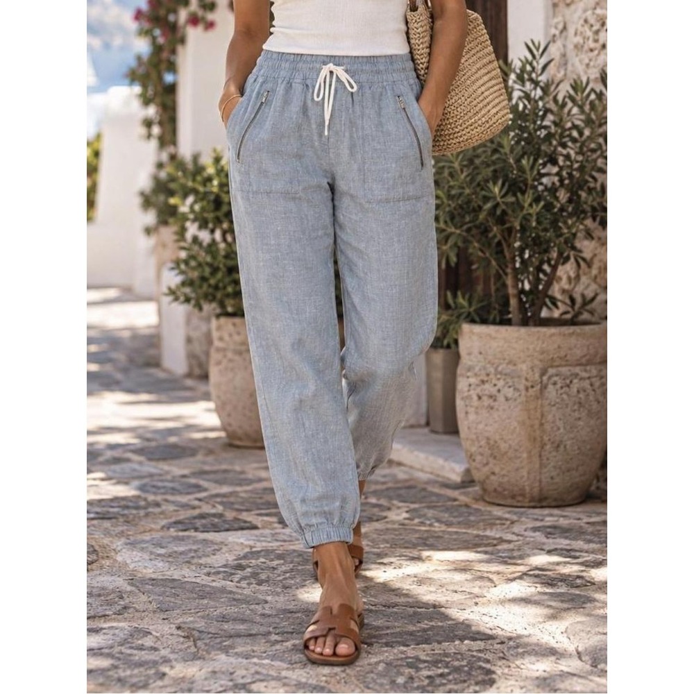 Athleta Linen Cabo Jogger Pants Womens 12 Blue Chambray Drawstring Zip Pockets